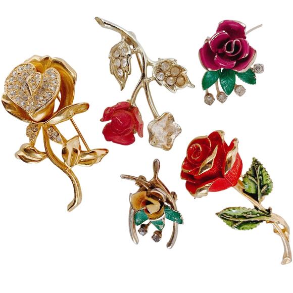 VTG Gold Tone Floral Brooches Signed RAFAELIAN Mid Century Enamel Roses Set of 5 - Picture 1 of 16